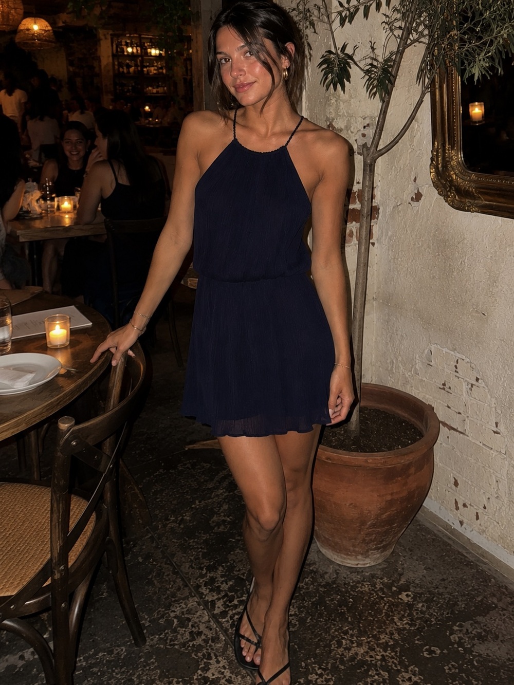 ZARA Navy Pleated Chiffon Halter Mini Dress SZ S/Juniors